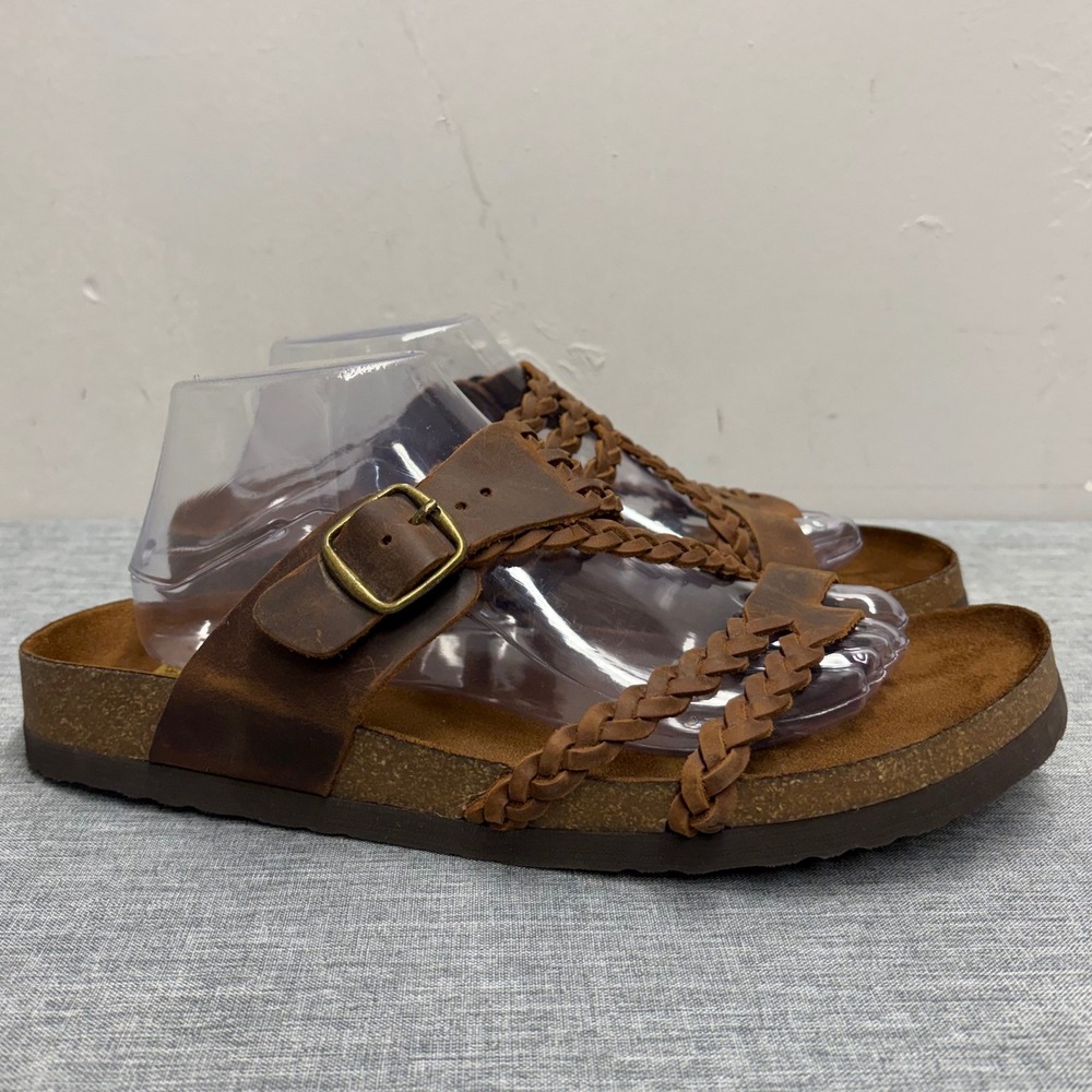 White Mountain Footbeds Sandals Women 11 Brown Leather Braided Strappy Slides